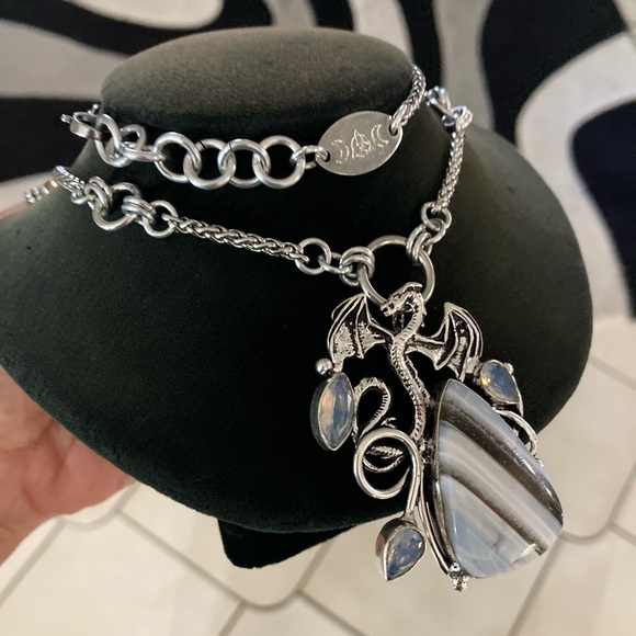 925 sterling silver overlay stripped agate iridescent opalite dragon necklace - Picture 7 of 12